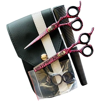 Image of Hairdressing Barber Salon Scissors, Thinning Scissors Set 5.5&quot;, New Pink Zebra