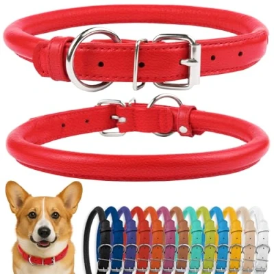 Image of CollarDirect Rolled Leather Dog Collar, Soft Padded Round Puppy Handmade Genuine Collar Small Large Cat Collars Black Pink Red Purple Blue (Fits 15&quot; 18&quot; Neck, Pink)