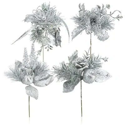 Image of com four® 4x decorative arrangements, twigs as great Christmas decorations, beautiful room also for wreaths and flower arrangements (silver colored small)