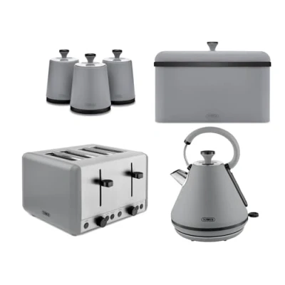 Image of Tower Sera 1.7L 3KW Pyramid Kettle, 4 Slice Toaster, Breadbin &amp; Canisters Set in Grey with Smoked Black Trim. Contemporary Matching Kitchen Bundle of 6