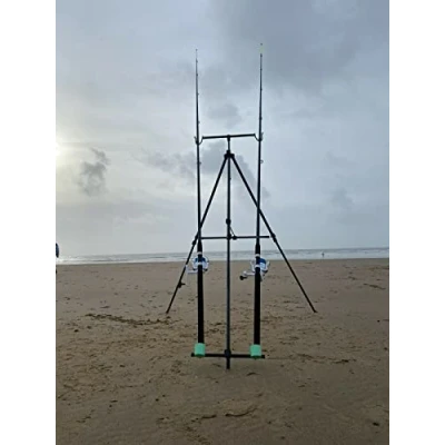 Image of DELUXE SEA FISHING SET UP 2 X 12FT BEACHCASTER RODS + REELS BEACH PRO TRIPOD