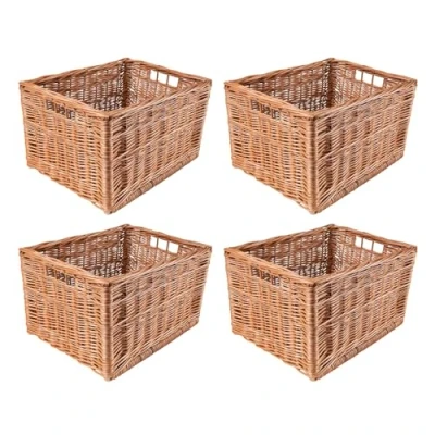 Image of Creative Home 4 x Large Wicker Basket Crate with Handles 40x30x24 cm (+/ 1cm) Storage Box Natural Brown Woven Handmade Thick Willow Tool Dog Toy Kitchen Bathroom