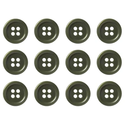 Image of Pack of 12 Olive Green Sew on 15mm Round Buttons Flat 4 Holes 24L 24 Ligne