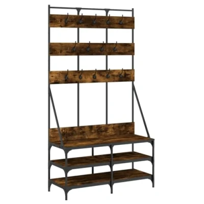Image of vidaXL Clothes Rack with Shoe Storage Modern Smoked Oak Garment Rail Made from Durable Engineered Wood and Metal for Bedroom or Studio