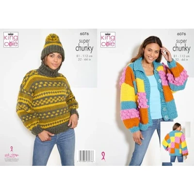 Image of King Cole Ladies Super Chunky Knitting Pattern Cardigan Sweater &amp; Hat (6076)