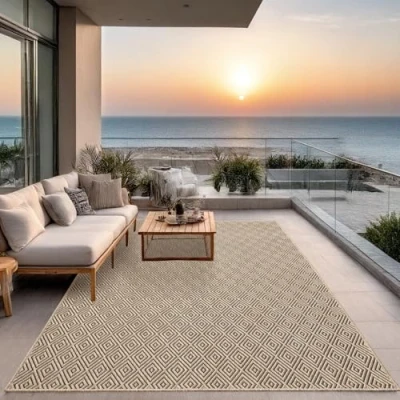 Image of the carpet Kansas robust indoor and outdoor in natural jute look, weatherproof, suitable for patio garden, rhombus, approx. 240 x 340 cm