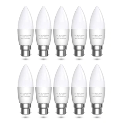 Image of Bonlux B22 Candle Light Bulbs Bayonet LED Bulb 60W Incandescent Equivalent, 7W Cool White 6000K Energy Saving for Ceiling Lights, 600LM, 10 Pack