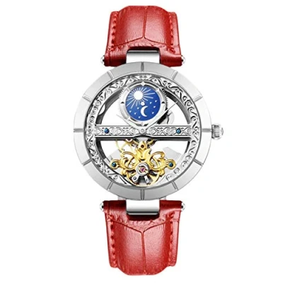Image of RORIOS Women Watches Mechanical Watch Leather Band Automatic Self Winding Wristwatch Moon Phase Luminous for Ladies
