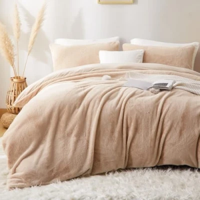 Image of Lanqinglv Plush Bed Linen 135 x 200 cm Beige White Faux Fur Fluffy Winter Warm Cosy Flannel Fleece Flannelette Plain Duvet Cover with Zip and 1 Pillowcase 80