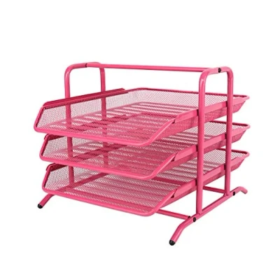 Image of EasyPAG 3 Tier A4 Mesh in Tray Office Desk Tidy File Holder Document Storage Letter Paper Organiser,Pink