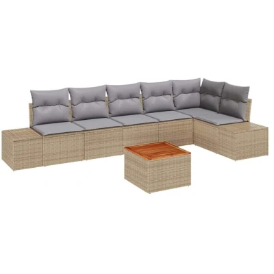 Image of vidaXL 7 Piece Garden Sofa Set with Cushions Beige Poly Rattan Acacia