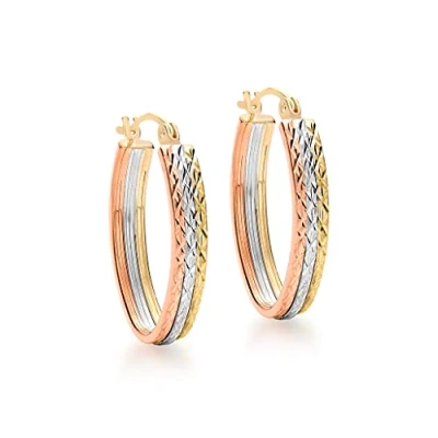 Image of Carissima Gold Women&#039;s 9 ct 3 Colour Diamond Cut Oval Creole Earrings