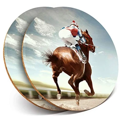 Image of Destination Vinyl ltd 2 x MDF Glossy Top Coasters Round Horse Racing Equestrian Jockey 13263