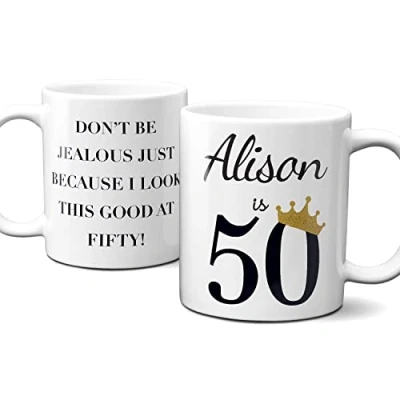 Image of Thoughtful Gifts Personalised 50th Mug, Birthday Mug for 50 Year Old Woman, Cup Birthday, Gift Old. Just add Name.