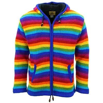 Image of LOUDelephant Hand Knitted Wool Hooded Jacket Cardigan Stripe Bright Rainbow (Large)