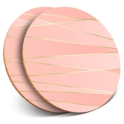 Image of 2 x Round Coasters Pink Geometric Art Deco Gold Cork Backed Home Kitchen Accessory Tea Coffee Mug Mat #24013