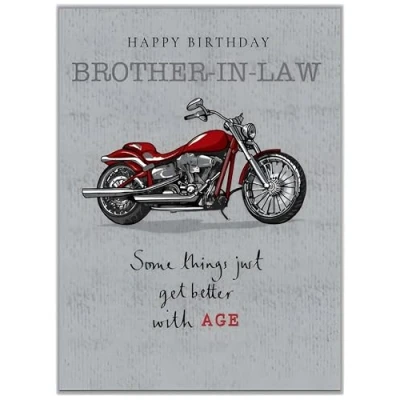 Image of Noel Tatt Brother in Law Birthday Card Classic Motorbike Better with Age Embossed Foil Details Eco Friendly and Recyclable