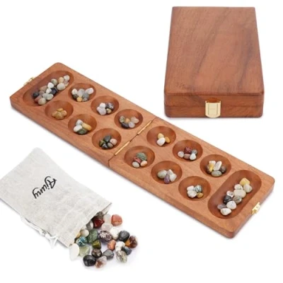 Image of Ajuny Wooden Mancala Board Game Set Folding with Multicolor Stones, Ideal for Family Night, Portable Travel Fun Classic Table Adults &amp; Kids