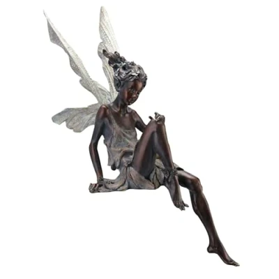 Image of Tudor and Turek Sitting Fairy Statue Garden Ornament Resin Landscaping Yard (Black)