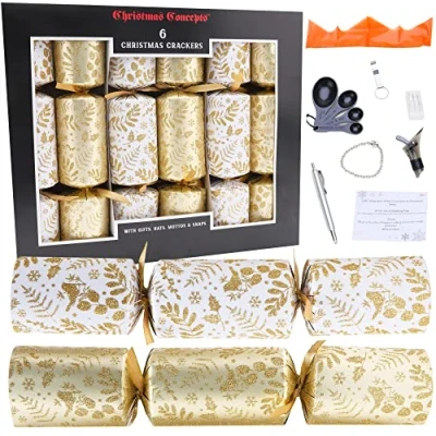 Image of Christmas Concepts® 6 Large Deluxe Glitter Decorated Crackers Hats, Mottos, Snaps &amp; Novelty Gift Included 2 Designs Available
