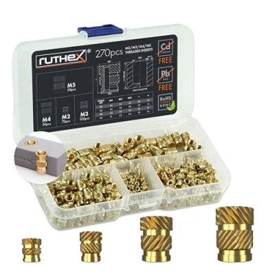 Image of ruthex threaded M2/M3/M4/M5 assortment box (270 pieces) brass sockets press fit nut for plastic parts by heat or ultrasound in 3D printer