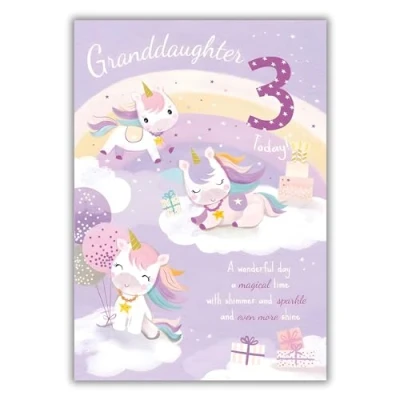 Image of Granddaughter 3rd Birthday Card Age 3 Magical Unicorn and Rainbows Design Made in the UK Eco Friendly