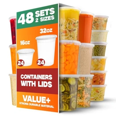 Image of XpressPak Food Storage Containers With Lids [48 Pack] (24 &amp; 32 Oz) Plastic Deli Variaty Pack Soup Airtight Covers Microwave, Freezer Dishwasher Safe
