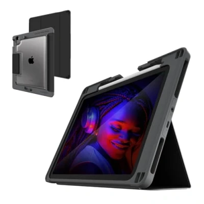 Image of STM Goods Dux Ox Super Protective 10th Gen iPad Case with Integrated 3.5mm Aux Jack, Translucent Back, Durable &amp; Water Resistant, Built in Storage for Apple Pencil 1 Black