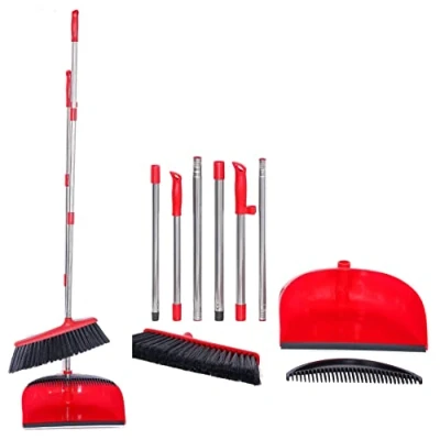 Image of K ONE Dustpan and Brush Set with Soft Bristle Broom Long Handled Floor Sweeper Household Dust pan for Indoor Office Cleaning Sweeping (Red)