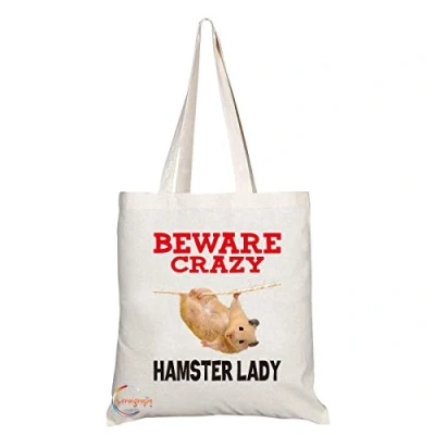 Image of Coralgraph Inc TB389 Beware Crazy Hamster Lady Novelty Present Gift Printed Eco Friendly Stylish Long Handled Tote Shoulder Bag