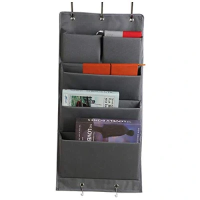 Image of Over Door Storage, Hanging Shelves Foldable Wardrobe Closet Storage with 5 Organiser, Organiser Organizer Hooks for Toys, Magazine, Purses, Keys(Grey)