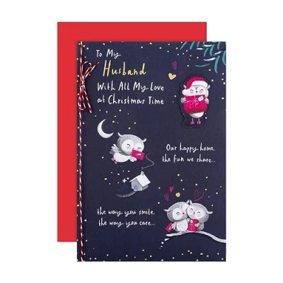 Image of Hallmark Christmas Card, Husband Cute Owl Designs, Gold Foil Details, Navy