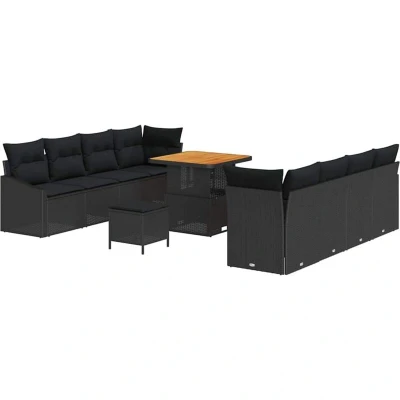Image of vidaXL 11 Piece Garden Sofa Set with Cushions Black Poly Rattan Acacia