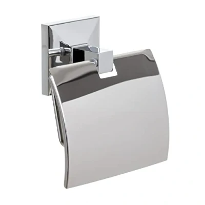 Image of TATAY Paper Holder with lid from the Iconik Collection, in Stainless Steel and Zamak, Drill Fix fixing system or adhesive glue. Measures: 12 x 4,5 cm, Metallic