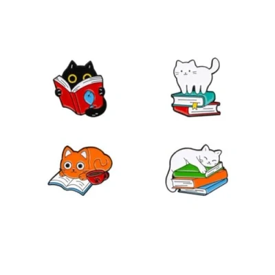 Image of lihonzhi 4pcs Cat Book Enamel Lapel Pins Cute Animal Brooch Metal Reading Collar Pin Cartoon DIY Decorative Badges Lovers Jewelry Gifts Women Men Kids Hats