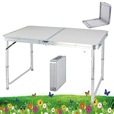 Image of YouseaHome 4ft Pop Up Trestle Table Aluminum Rectangle Camping Folding Portable Adjustable Garden Outdoor Picnic Kitchen Work Top Table, White, 120x60x70/62/55cm