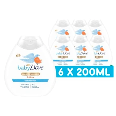 Image of Baby Dove Rich Moisture Lotion Soothing &amp; Nourishing for Newborns Infants, Gentle Moisturiser Dry, Sensitive Skin, Daily Skincare with Delicate Scent, All Day Hydration 200ml, Pack of 6
