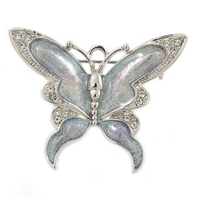 Image of Avalaya Rhodium Plated Glitter Butterfly Brooch 43mm W