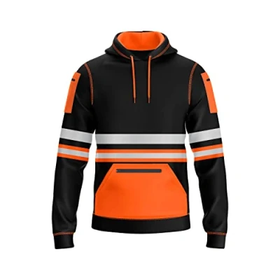 Image of mymixtrendz Hi Vis Mens Pullover Hoodie Reflective Tape Safety Work Multi Zipped Pockets Drawstring High Viz Visibility Sweatshirt Orange Black