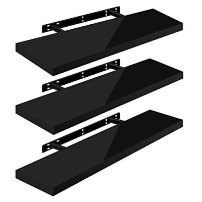 Image of WOLTU High Gloss Floating Shelves,Set of 3 Wall Shelf,CD DVD Storage Corner Shelf, Premium Wooden Shelves for Bedroom LivingRoom kitchen 90x22.9x3.8cm, Black, RG9481sz