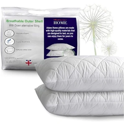Image of Adam Home Pillows 2 Pack Hotel Quality with Quilted Cover (2 Pillows) Filled for Stomach, Back and Side Sleeper, Down Alternative Bed Pillow Soft Hollow Fiber