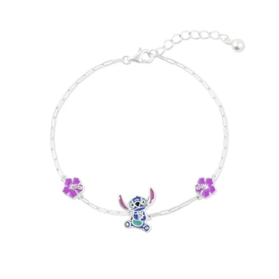 Image of Disney Girls Sterling Silver Blue Stitch and Flower Adjustable Charm Chain Bracelet B902414SL 65.PH
