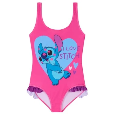 Image of Disney Girls One Piece Swimming Costume, Comfortable Stretchy Swimsuit Gifts (Pink Stitch, 11 12 Years)