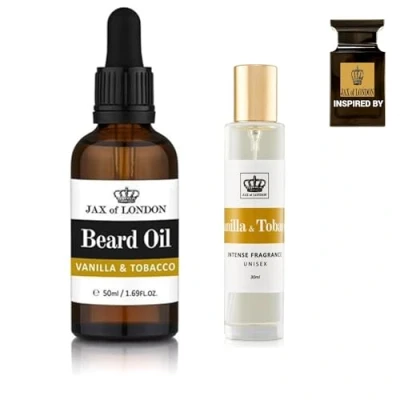 Image of Jax of London Vanilla &amp; Tobacco Aftershave and Beard Oil Set care oil, growth Consists Vitamin E, Avocado Almond Jojoba Luxury scented, Men’s Cologne Fragrance