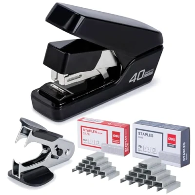 Image of Effortless Desktop Stapler, Heavy Duty 40 Sheet Capacity, One Finger, No Effort, Includes 2000 Staples &amp; Staple Remover, Black