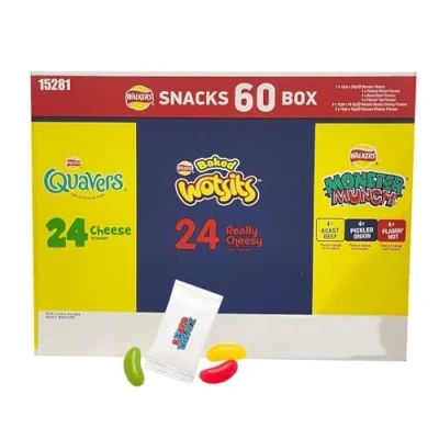 Image of Walkers Crisps Snack Variety Box 60 Pack Quavers Baked Wotsits Mega Monster Munch Mix Party Boxed Treatz