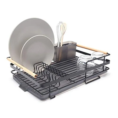 Image of simplywire Retro Premium Dish Drainer Plate Drying Rack with Cutlery Holder &amp; Drip Tray Black Powder Coated Steel