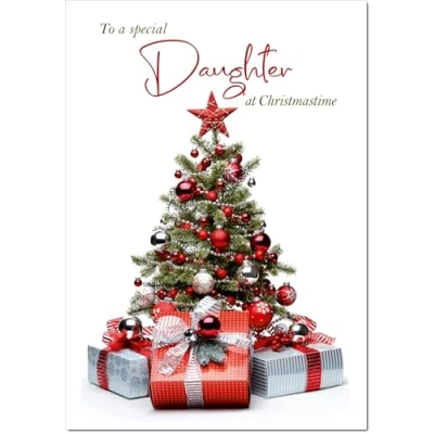 Image of doodlecards Daughter Christmas Card Parcels and Tree Medium Size with Plain Envelope