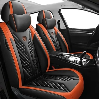 Image of RWTECH Car Seat Covers Universal Full Set Accessories for Nissan Juke/Qashqai/Maxima/Micra/Murrano/Pathfinder Waterproof Leather、Black orange luxury