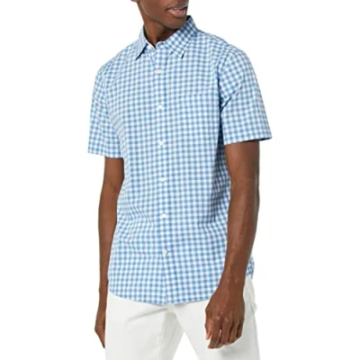 Image of Amazon Essentials Men&#039;s Slim Fit Short Sleeve Poplin Shirt, Light Blue White Gingham, L